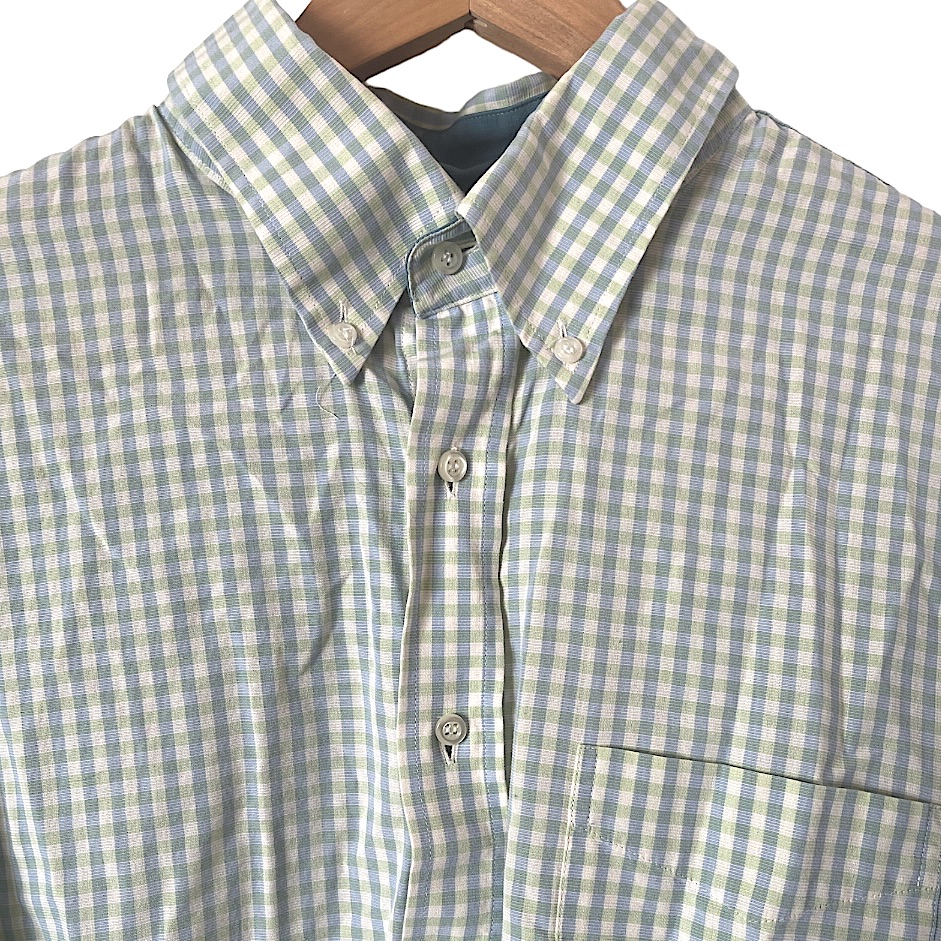 J. Mclaughlin Green Blue White Checked Button Down Shirt With Contrast Trim